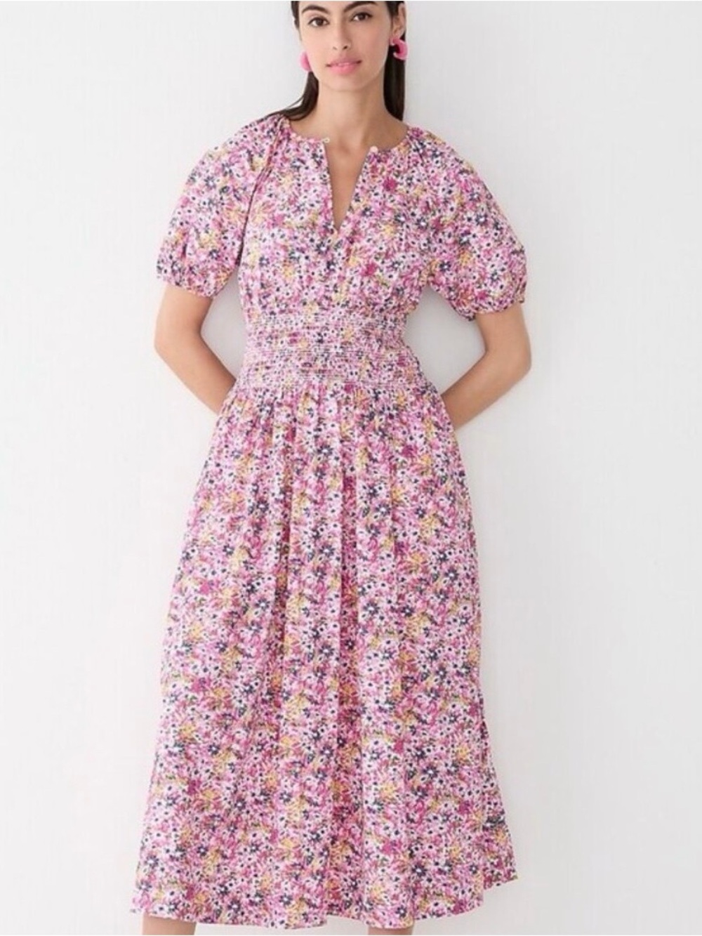 Pink Floral Smocked Waist Midi Dress
